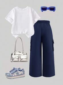 SHEIN ChillGRL 2 件套青少年女孩休闲 T 恤和工装裤套装，蝴蝶刺绣图案圆领短袖 T 恤和裤子，春夏季时尚服装 - 藏蓝色 - 查看 2