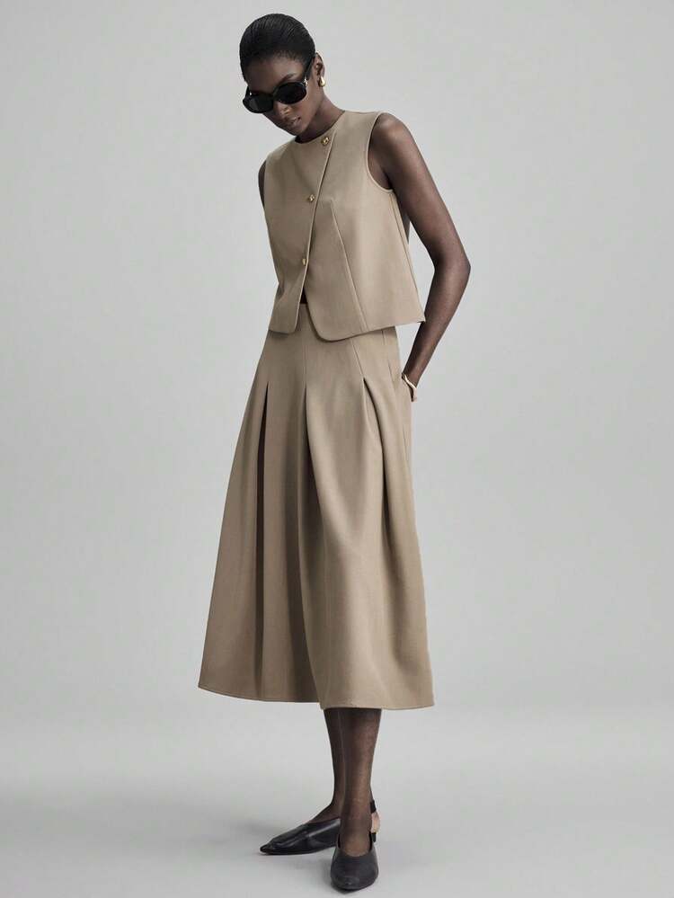 Ontre 2026SS New Khaki Asymmetrical Cut Oblique Placket Metal Button Design Women's Suit Vest & Skirt Set, Elegant For Party And Urban Commute - Khaki - View 8