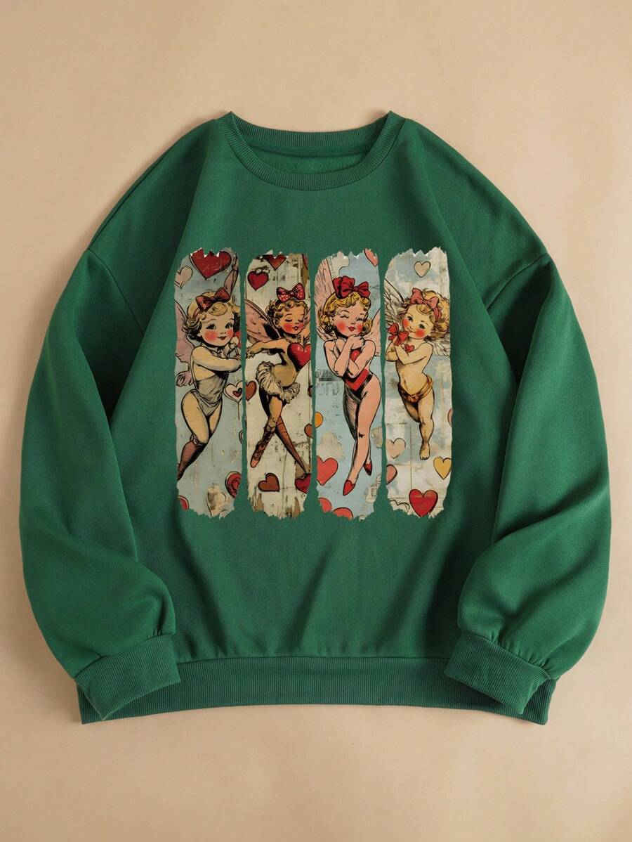 INAWLY Plus Size Cupid Print Sweatshirt For Women, Casual Loose Fit Crew Neck Top, Vintage Cupid Design, Romantic Valentine's Day Gift, Autumn/Winter Pullover Fall Sweatshirt - Dark Green - View 1