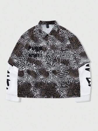 Street Life Camisa de hombre con estampado de leopardo 2 en 1, diseño de patchwork único que rompe la monotonía, tela cómoda, para el otoño