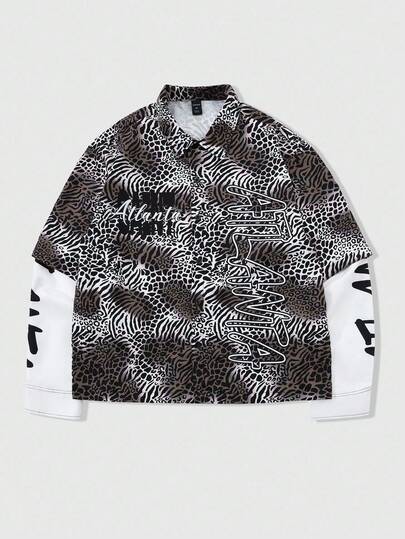 Street Life Camicia da uomo con stampa leopardata 2 in 1, design patchwork unico che rompe la monotonia, tessuto confortevole, adatta per l'autunno