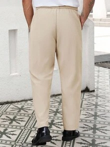 Manfinity Homme Pantaloni casual larghi da uomo taglia comoda, di colore unito con laccetto, versatili per l'uso quotidiano, adatti per l'autunno - Albicocca - Visualizzare 2