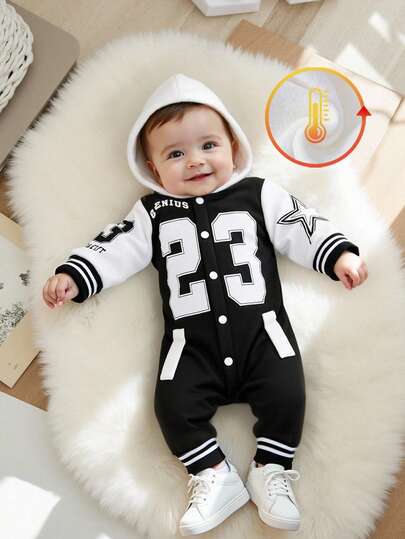 SHEIN Playful Pals Infant/Toddler Boys' Casual Baseball With Color Woven Thread Button Closure, 23 Letter Hooded Print Jumsuit Newborn Sports Jumpsuit Baby Sports Outfit Baby Sports Clothes Baby Athletic Wear 3M-2T Fall/Winter Neutral Baby Clothes Neutral Baby Clothes Unisex Bodysuit Baby Winter Jumpsuit Baby Boy Winter Jumpsuit