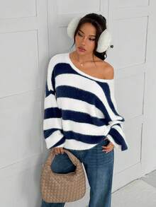 SHEIN EZwear Women's Casual Striped Asymmetric Neck Long Sleeve Loose Knit Sweater, Autumn - Multicolor - View 5