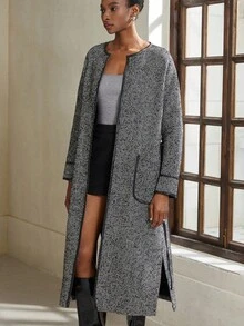 Aveloria Modichic Abrigo largo de mujer con mezcla de lana, con bolsillos y ribete de contraste en las mangas largas