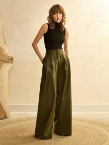 Arave Quần ống đứng bằng da PU màu xanh lá cây trơn phong cách đường phố cho nữ, thích hợp mặc đi làm và đi chơi, mùa xuân/thu - màu xanh lá - Xem 1