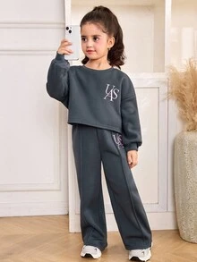 SHEIN 年轻女孩宽松休闲舒适字母刺绣圆领运动衫和裤子套装 - 深灰色 - 查看 6