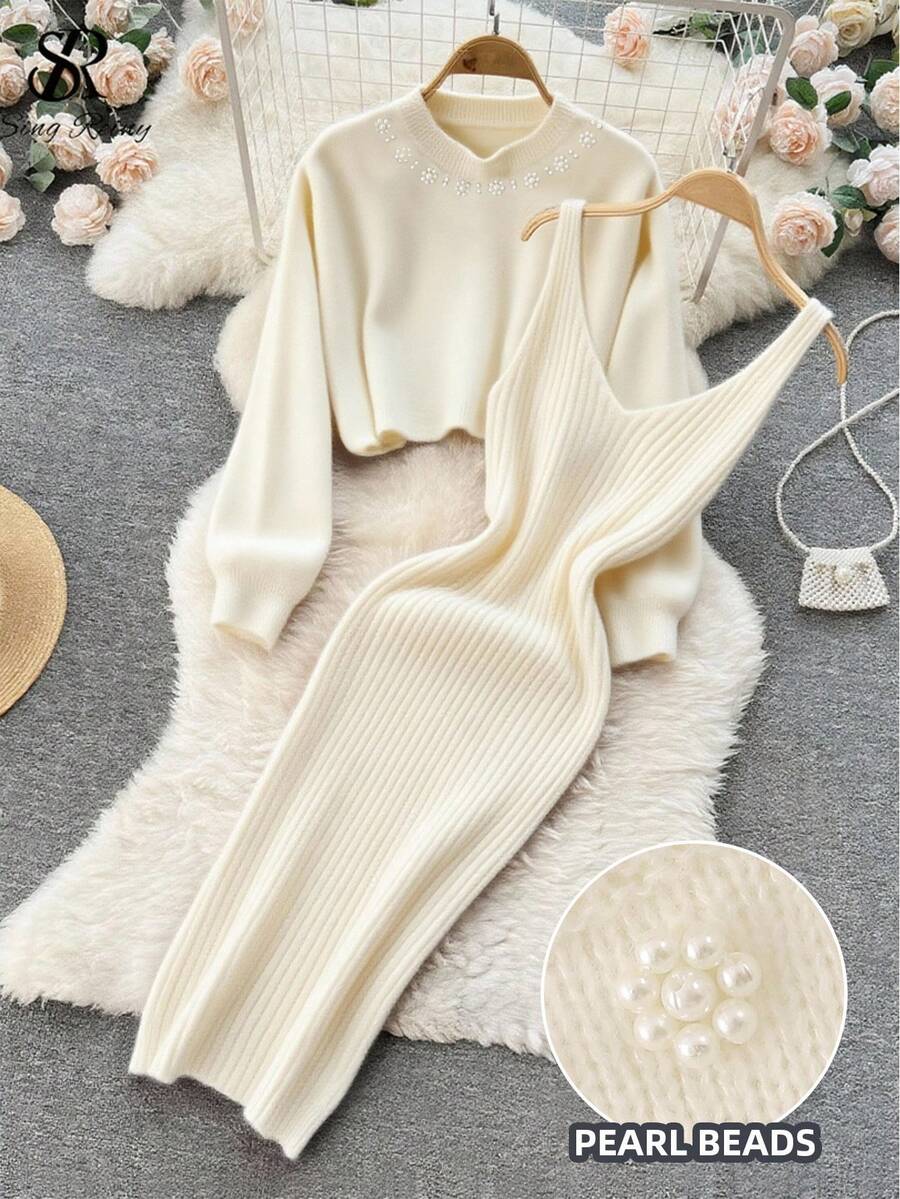 Franclia Bộ 2 váy suông không tay ôm sát màu trơn và áo len dài tay cổ tròn cho nữ - Màu be - Xem 1