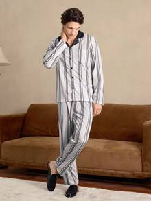EverLounge Men's Striped Collar Long Sleeve Top & Pants Pajama Set Pajama Set Sleep Set Striped Pajama Set Men Sleepwear Men Silk Pajama Set, Winter Clothes - Apricot - View 1