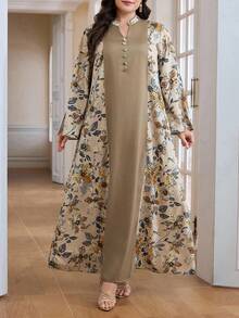 Al Najma 大码女式花卉印花缺口领优雅长袖阿拉伯风长裙 - 彩色 - 查看 7