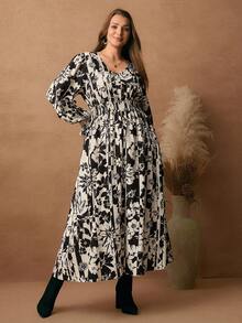 Rosumi 大码花卉印花褶皱休闲长袖连衣裙 - 彩色 - 查看 3