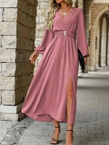EMERY ROSE Women's Casual Solid Color Surplice Neck Lantern Sleeve Elastic Waist High Slit Dress, Spring/Autumn - Dusty Pink - View 6