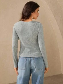 Wildy Fall Winter Top Basic Ribbed Front-Button T-Shirt New Year Going Out Chic Ribbed Top For Women - Grey - View 6