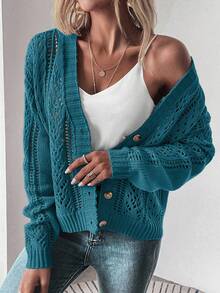 EMERY ROSE Casual Hollow-Out Knit Cardigan Fall Winter Cloth For Women - Teal Blue - View 7