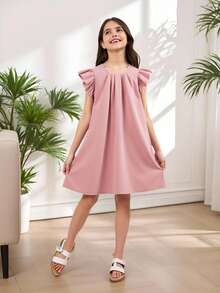 SHEIN 青少年女孩纯色褶皱连衣裙，休闲韩式度假迷你分层袖