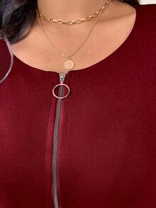 EMERY ROSE 大码女式 V 领纯色拉链短袖修身 T 恤，夏季外出上衣 - 酒紅色 - 查看 8