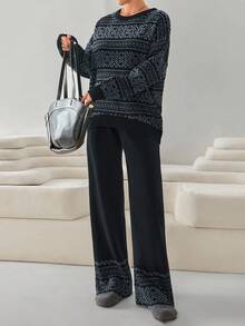 EURMUSE Monochrome Nordic-Inspired Knit Co-Ord Set – Black Sweater & Wide-Leg Pants With Jacquard Patterns Navy Geometric Pattern Knit Sweater And Pants Set For Cozy Winter Lounge And Casual Outfits - Black - View 1