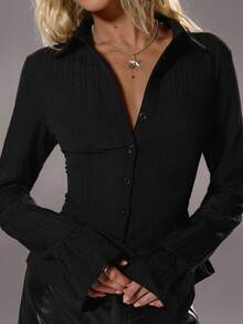 SHEIN Unity White Striped Open Front Button Down Collar Long Sleeve Ruffle Cuff Fitted Shirt, Fashion Minimalist Commuter Casual Elegant Versatile Spring/Summer Fall Cloth For Women - Black - View 5