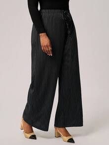 SHEIN Tall CURVE 大码休闲宽松条纹阔腿裤商务休闲女装，适合秋冬季 - 粉色 - 查看 3