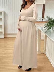 SHEIN Vestido de maternidad de unicolor con drapeado para otoño - Albaricoque - Ver 3