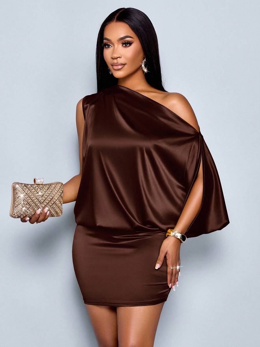 SOLERSUN Women's Elegant Asymmetric Collar Satin Bodycon Mini Dress For Women - Coffee Brown - View 1