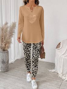 SHEIN LUNE Bộ 2 áo thun dài tay và quần legging cho nữ, Thu/Đông - Nhiều màu - Xem 5