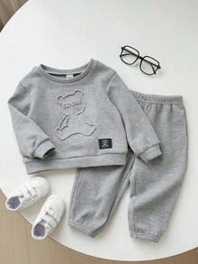 SHEIN 2 件套男婴/女婴可爱灰色 3D 熊卡通印花长袖运动衫和慢跑运动服，男女通用婴儿服装，婴儿冬季服装 - 灰色 - 查看 1