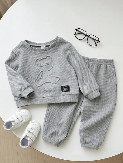 SHEIN 2 件套男婴/女婴可爱灰色 3D 熊卡通印花长袖运动衫和慢跑运动服，男女通用婴儿服装，婴儿冬季服装