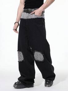 ROMWE MEN Grunge Punk Men's Leopard Print Patchwork Wide Leg Loose Fit Jeans - Black - View 5