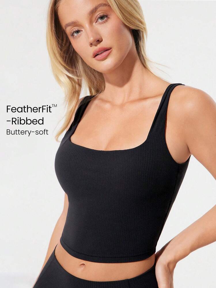 Biustonosz sportowy FeatherFit™ Ribbed Flex Soft Square Neck Low Impact Yoga Pilates Studio Codzienny strój na co dzień Wyjmowane miseczki