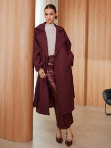 Glisette Manteau long minimaliste élégant à coupe droite de couleur unie à manches longues pour femmes, automne/hiver - Rouge foncé - Voir 6