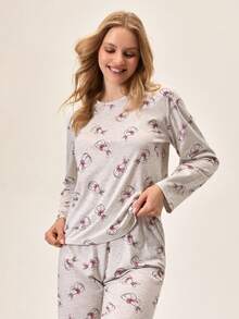 Loomlin Cottonline Women 2 Pcs Cute Rabbit Animal Pattern Homewear Cute Pajama Set Womens Pajama Sets With Bunnies Cotton Pajama Set Women Long Sleeve Pajama Set Women Comfy Pajama Sets For Women - Multicolor - View 5
