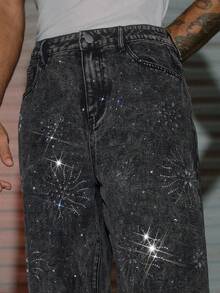 AXEPEAK Men's Washed Loose Casual Rhinestone Embellished Pants - Black - View 4