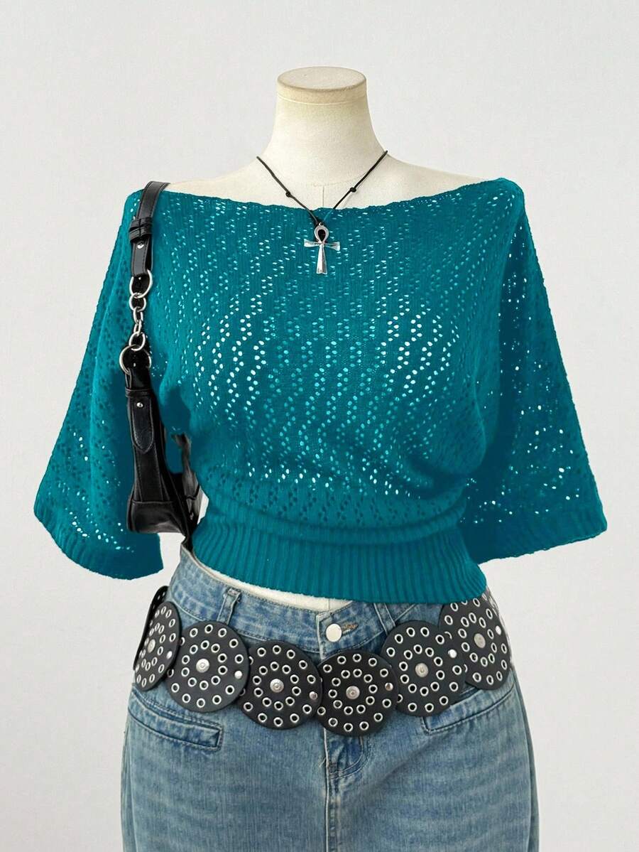 Sunspun 大码女式时尚优雅深色 Y2K 风格短袖针织上衣，适合春夏秋装，适合通勤 - 水鴨藍 - 查看 1