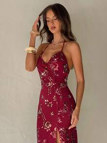 Aloruh Váy maxi hở lưng thanh lịch dành cho nữ, cổ chữ V sâu thêu kim sa, dây mảnh, váy dự tiệc, dạ hội, đám cưới, sinh nhật - Màu Đỏ Sâu - Xem 4