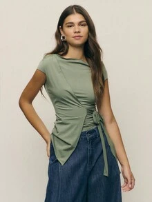 Nöista Asymmetrical Top With Side Tie Detail In Green Color. Perfect Spring Saint John Women's Clothing Elegant Vacay Holidays Summer.   Vacation Luxury Going Out  Wedding  Party    Festival  Holiday  Summer - Green - View 3