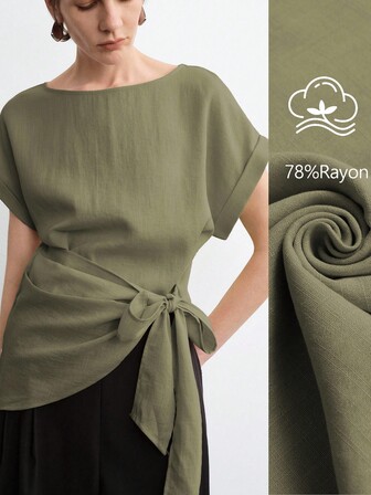 Aalyst Women's Spring/Summer Vacation & Office Casual Boat Neck Ruffle Sleeve Drawstring Waist Bowknot Blouse Top