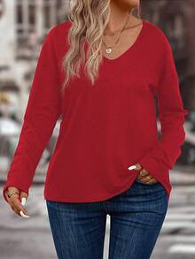 EMERY ROSE Women's Casual V-Neck Long Sleeve All-Match Plus Size T-Shirt, Versatile For Autumn/Winter Fall Cloth For Women - Red - View 6
