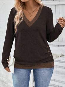 EMERY ROSE New Casual V-Neck Long Sleeve Contrast Color T-Shirt For Women - Coffee Brown - View 1