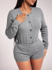 Radiana New Spring/Autumn European And American Sexy Tight Snap Button Long Sleeve Base Layer Top And Shorts 2-Piece Set For Women Two Pieces Set Women Comfy Women Knit Two Pieces Set Grey 2 Pieces Set Comfortable Two Pieces Set 2 Pieces Lounge Set Women,ملابس شتوية للنساء