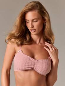 AiiRZ 女性化镂空针织文胸，带褶饰中心细节，可调节肩带，蝴蝶结装饰，夏季内衣上衣，软杯扇贝边 - 粉色 - 查看 1