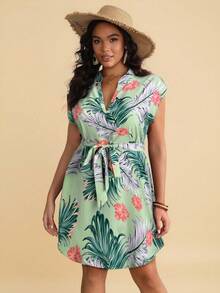 SHEIN VCAY Plus Size V-Neck Leaf Print Casual Vintage Dress - Green - View 4