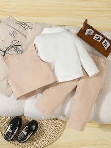 SHEIN 2 件套男婴正式绅士装，纯色背心 + 裤子套装，不含衬衫，不含配饰，适合 6 个月至 3 岁儿童，适合婚礼、表演、派对、生日、圣诞节和毕业典礼的正式穿着 - 杏色 - 查看 2