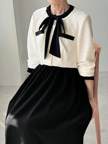 FRIFUL 女士撞色蝴蝶结领A字连衣裙，休闲通勤款 - 黑與白 - 查看 2