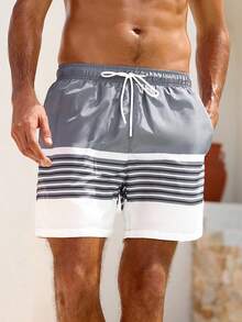 Manfinity VDAYZ Men's Drawstring Waist Pocket Striped Loose Beach Shorts - Grey - View 5