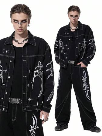 Goth Herren Langarm Lässige Lose Bestickte Denim Jacke mit Einzelknopfleiste