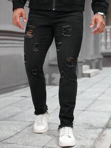 Manfinity Homme Men's Casual Solid Color Distressed Slim Fit Denim Jeans Ripped Black Jeans Boyfriend & Husband Regular Washed For Slim-Fit - Black - View 1