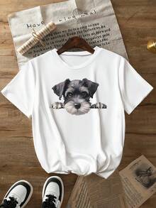 INAWLY 女款可爱迷你雪纳瑞图案休闲圆领短袖 T 恤