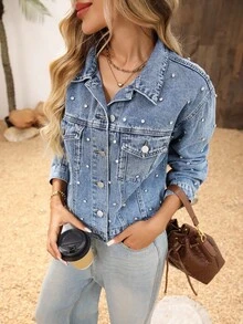 EMERY ROSE Casual Loose Front Button Pocket Long Sleeve Women Denim Jacket - Blue - View 6