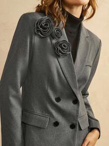 女式优雅3D花卉翻领西装外套，秋季 - 深灰色 - 查看 2